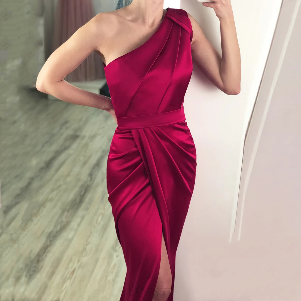 2022 vinho vermelho sereia vestidos de noite um ombro para as mulheres lado fenda cetim plissado sexy formal longo baile vestidos para festa