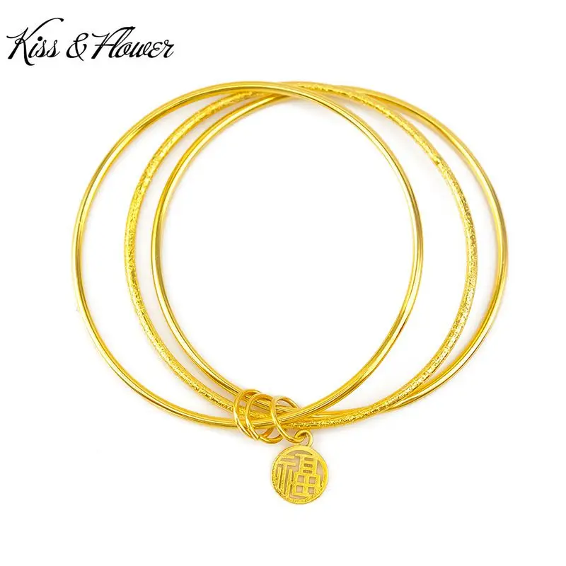 

KISS&FLOWER BR27 Fine Jewelry Wholesale Fashion Woman Girl Birthday Wedding Gift FU Round Three Laps 24KT Gold Bracelet Bangle