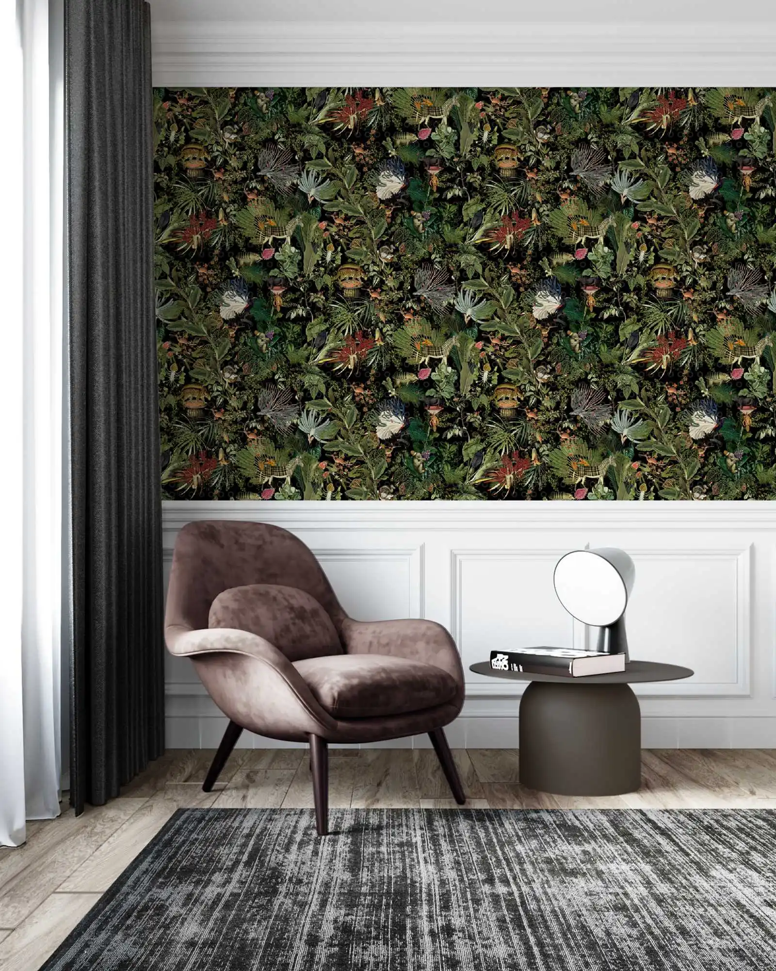 Menagerie of Extinct Animals Wall covering, restrore botanical forest with varies of ancient animals in dark color wallpaper