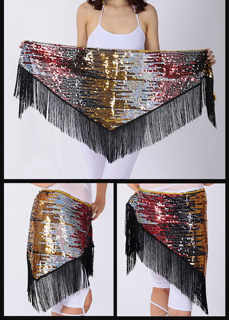 7 colori Accessori per abiti di danza del ventre Cinture lunghe a triangolo con nappa Cintura per fianchi con paillettes per danza del ventre per le donne
