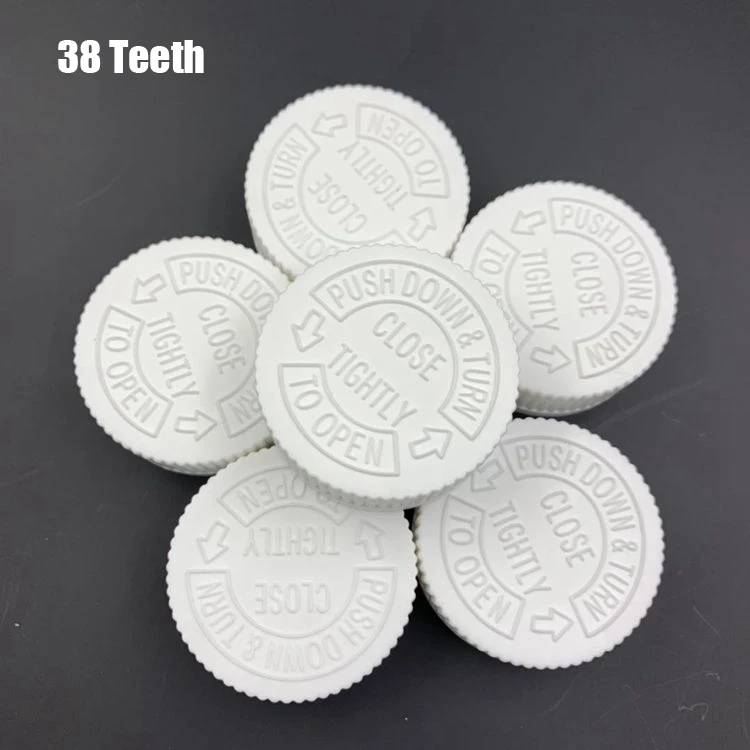 

100pcs 32 Teeth, 38 Teeth, 43 Teeth White Plastic Bottle Caps, Childproof Caps, Pressure To Open PE Caps