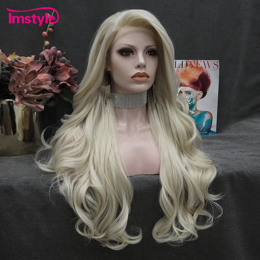 Imstyle Ash Blonde Wigs Synthetic Lace Front Wig Heat Resistant Fiber Natural Wavy Long Platinum Wigs For Women Cosplay Wig