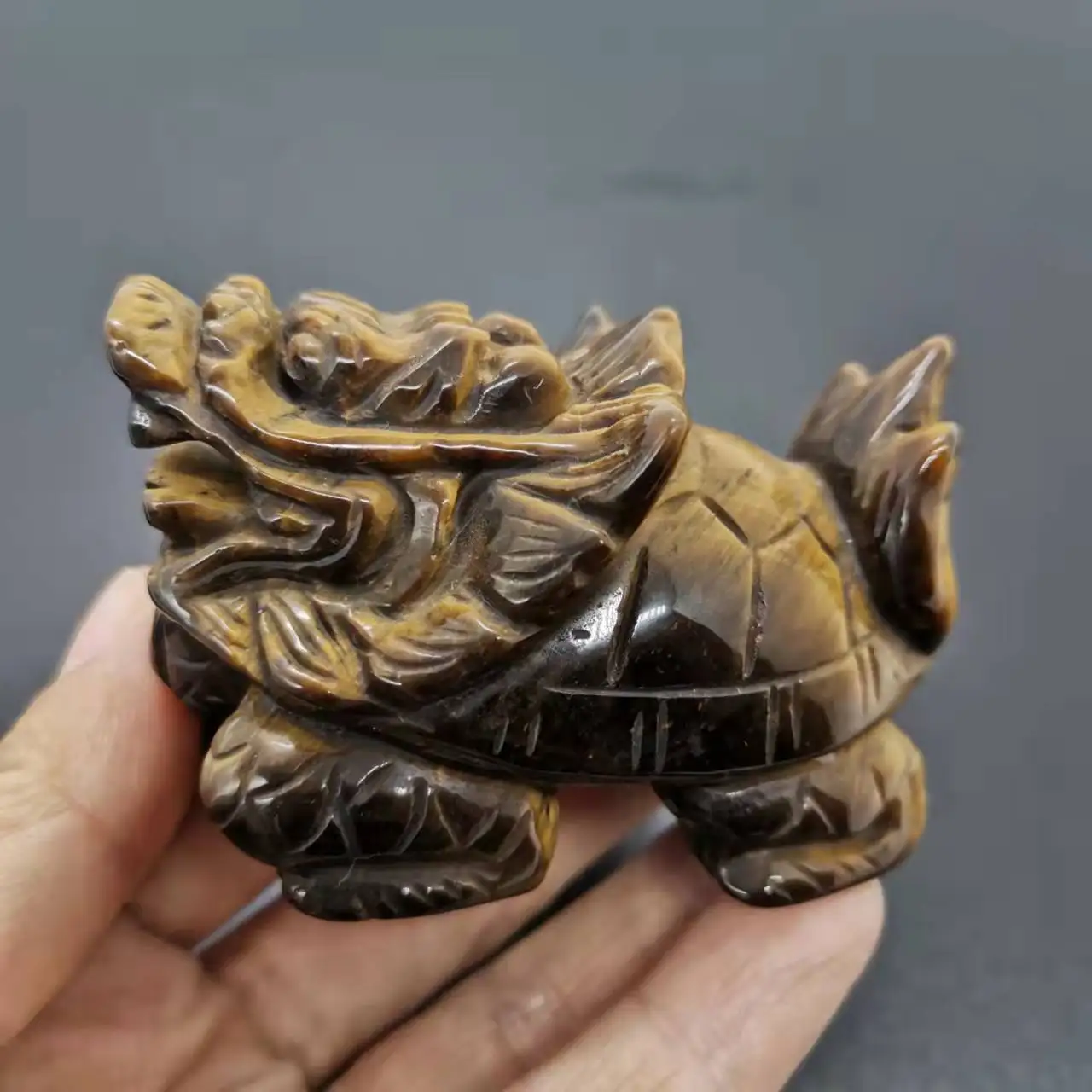 65mm Feng Shui Natural Tiger Carved Dragon Turtle Statue Figurine Desk Decoration