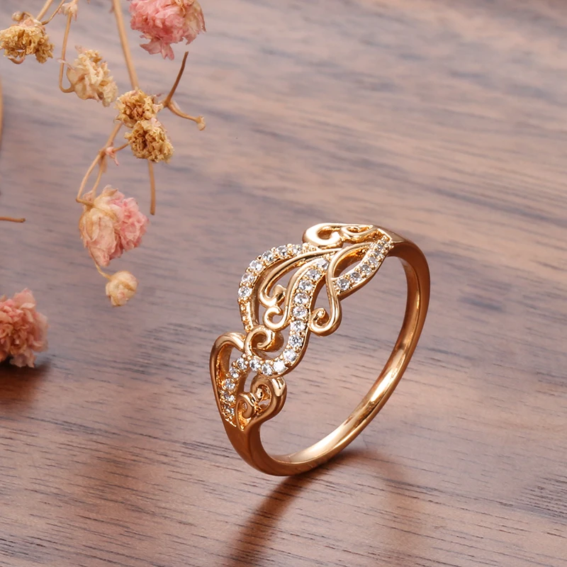 SYOUJYO Hollow Crystal Flower Women\'s Ring 585 Rose Gold Color Exquisite Pattern Natural Zircon Bride Wedding Fine Jewelry Rings