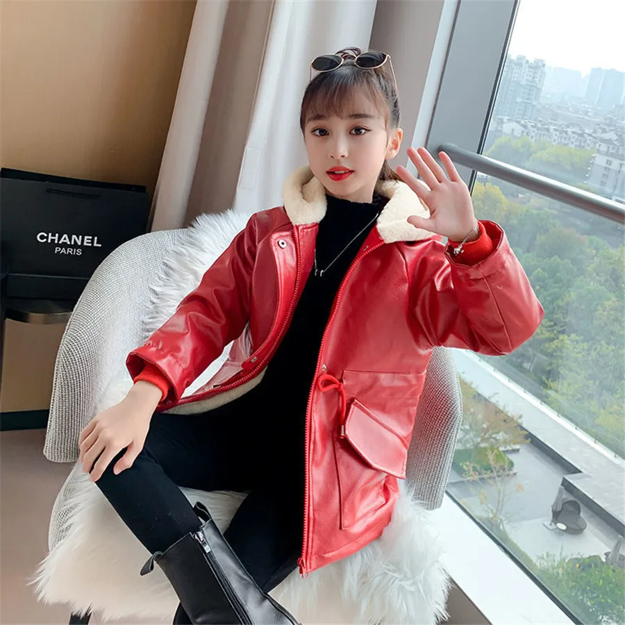 Winter Girls Leather Windbreaker Fleece Thicken Mid-length Children\'s Outerwear Fashion Warm New Year PU Trench Coat for Kids