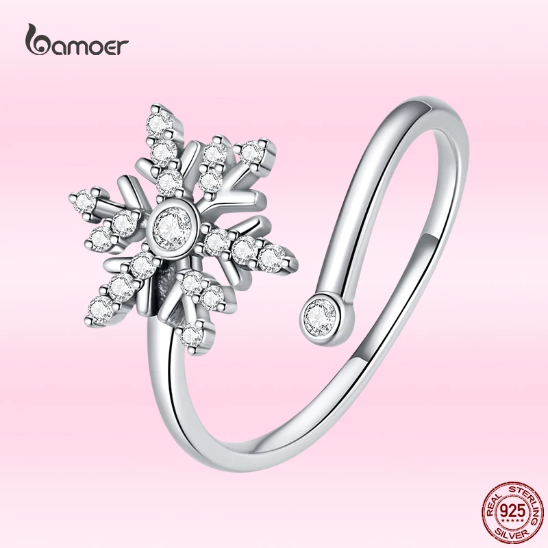 Bamoer 925 Sterling Silver Beautiful Snowflake Open Ring for Women Clear CZ Romantic Dating Adjustable Rings Fine Party Jewelry