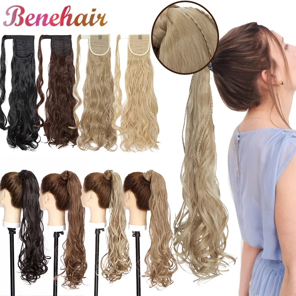 

Benehair Synthetic 24inch Long Wavy Clip In Ponytail With Braids Hair Pieces Blonde Brown Ombre Wrap Around Ponytail 120g