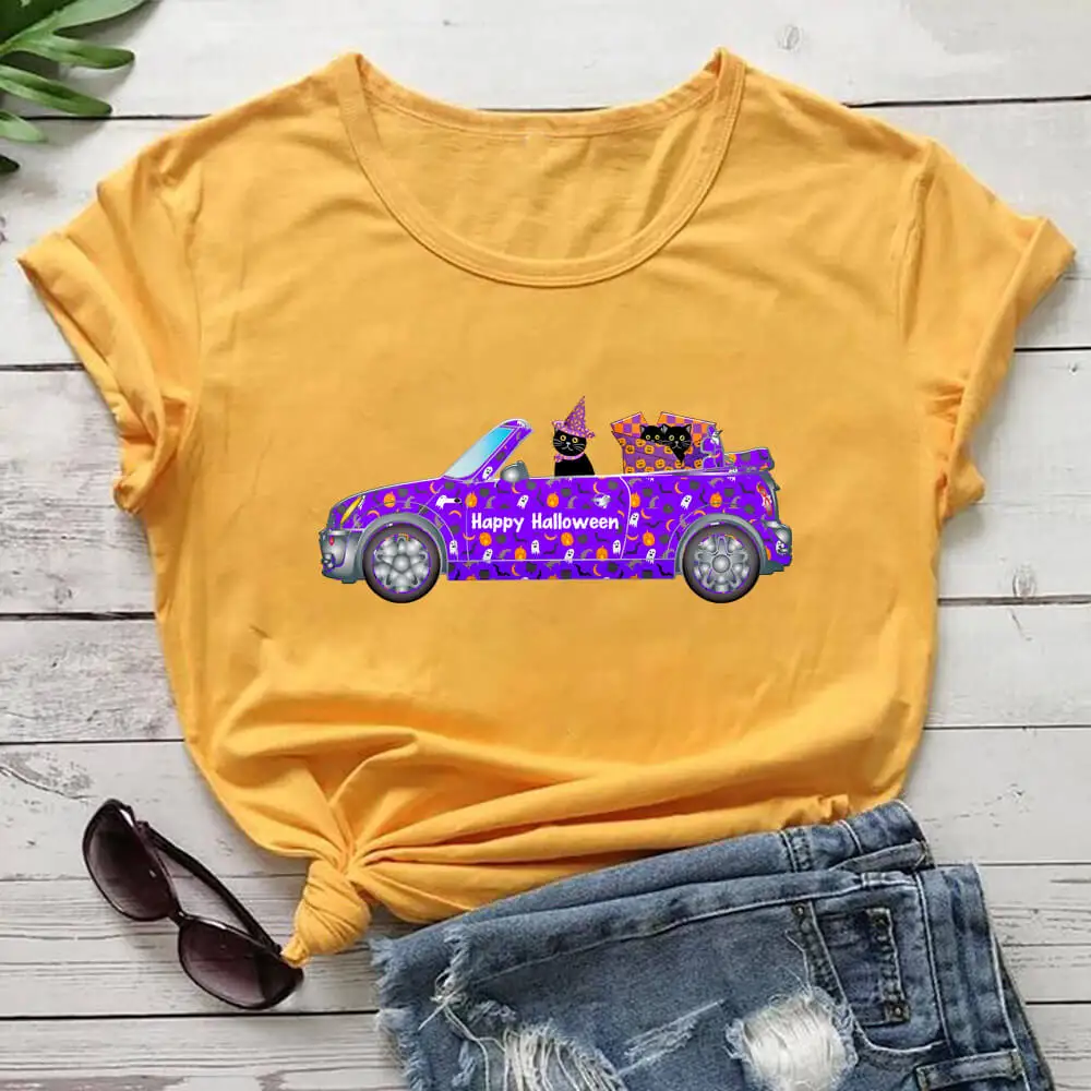 

Driving Magic Cat Halloween Graphic Print 100%Cotton Women Tshirt Unisex Funny Summer Casual Short Sleeve Tops Halloween Shirt