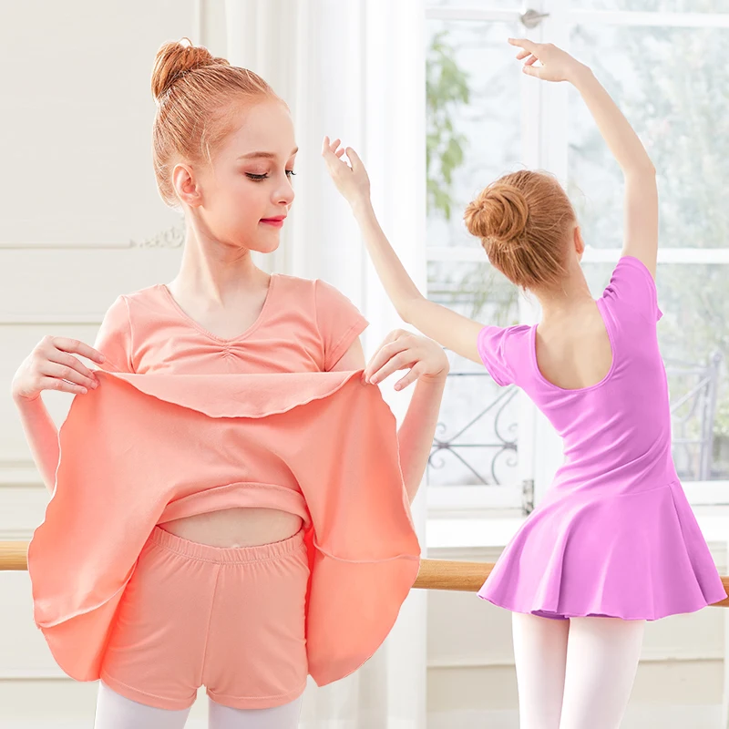 Vestido de Ballet para niñas y niños, leotardos, trajes de Ballet de dos piezas, vestido separado y pantalones cortos, Ropa de baile de manga corta