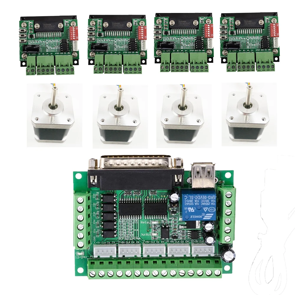 

CNC Router mach3 4 Axis Kit, 4pcs TB6560 driver + 5 axis stepper motor controller + 4pcs nema17 1.8A motor