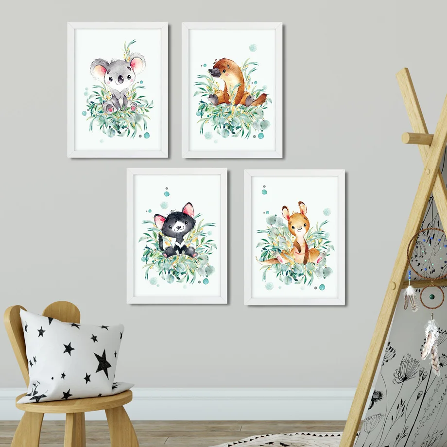 Rabbit Bear Duck Cat Leaves Plant Wall Art Canvas Painting Nordic Posters And Prints Wall Pictures For Girl Boy Kids Room Decor
