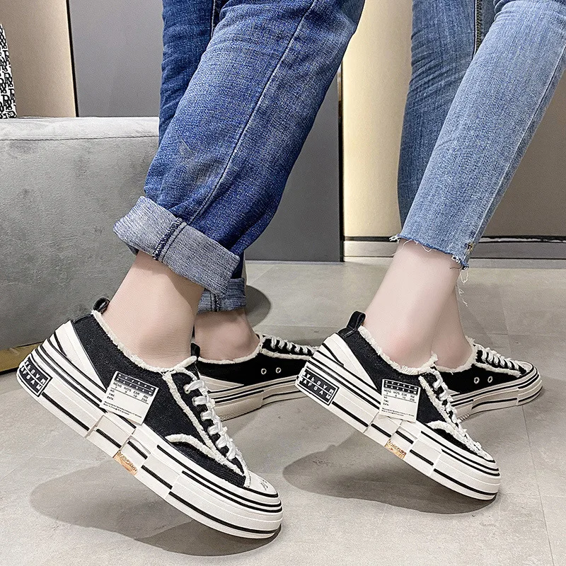 Spring Autumn New Women Shoes Stitch Canvas Casual Thick Bottom Sneakers Breathable Student Beggar Platform Flat Jogging Travel