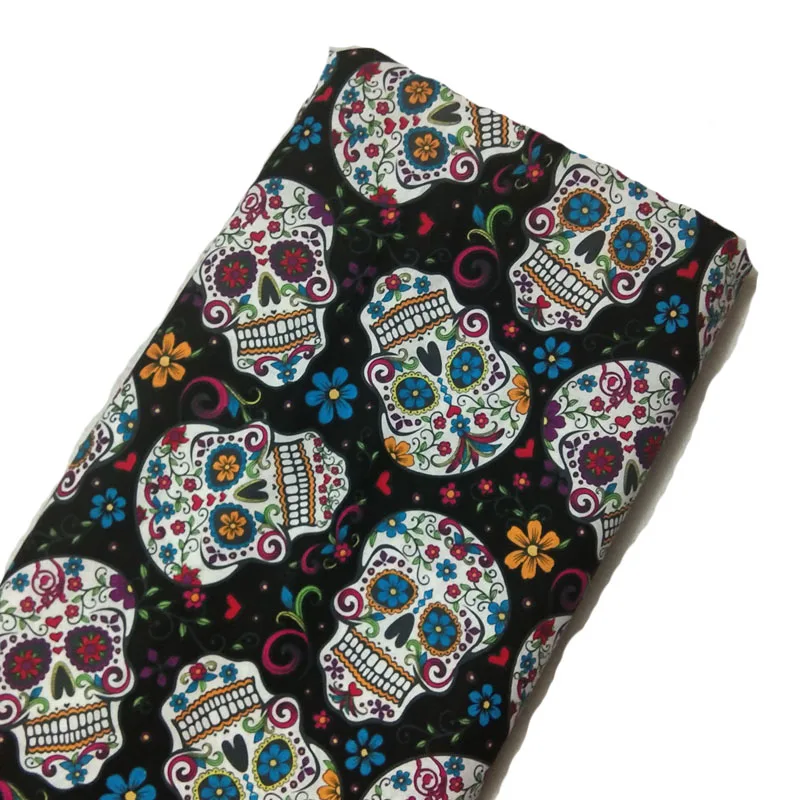 Tela de algodón con estampado de calavera y flores reales, tejido Vintage de retales para decoración del hogar, 50x105cm