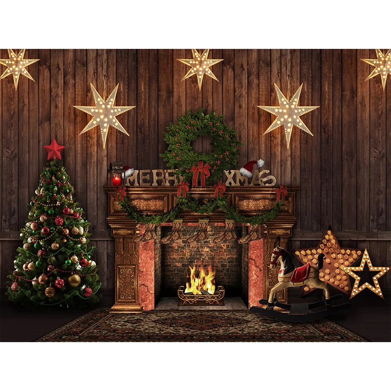 

Merry Xmas Photo Backdrop Printed Green Garland Fireplace Glitter Stars Christmas Tree Home Party Decor Photography Backgrounds