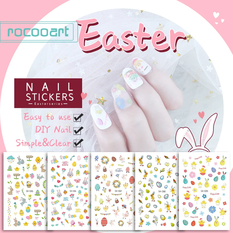 Rocooart Easter Rabbit Nail Stickers Decals Cartoon Egg Chick Nail Art Sliders Wraps Polish Decoration Manicure Foil Art DIY