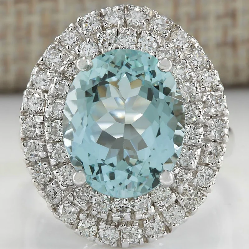 Luxury Women Light Blue Oval Cut Zircon Rings for Wedding Engagement Promise Bridal Set Jewelry