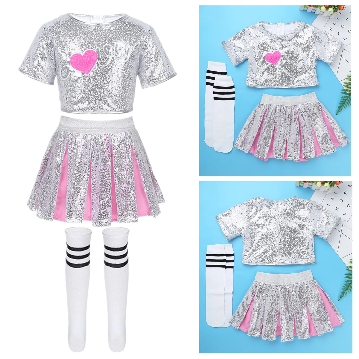 

Kids Cheerleader Dancewear Outfit Shiny Sequins Crop Tops with Skirt Socks Children's Sets Girls Hip Hop Jazz Dance Costume