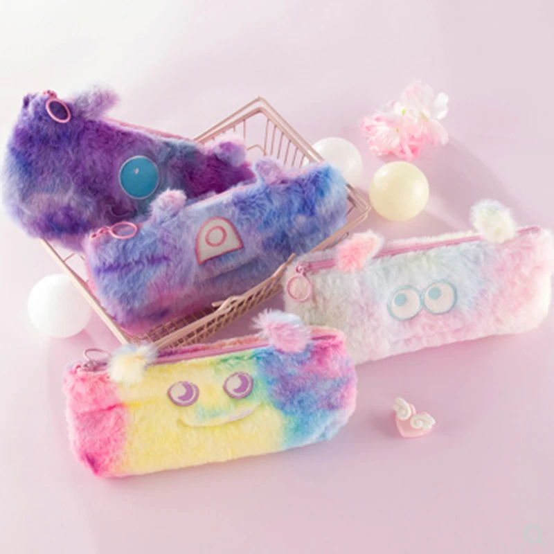 Cute Little Monster Gradient Plush Pencil Case Korea Kawaii Student Pouches Stationery Child Gift Large Capacity Storage Bag