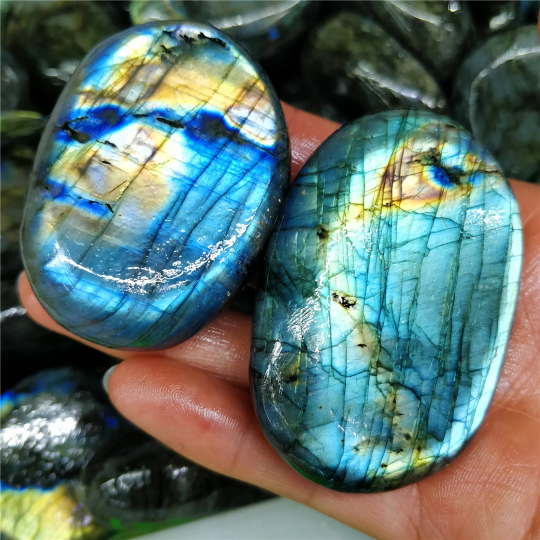 

2PC New Arrival High Quality Labradorite Flash Polishing Oblate Palms Worry Stone Moonstone Mineral Crystals Pocket Jewel Crafts