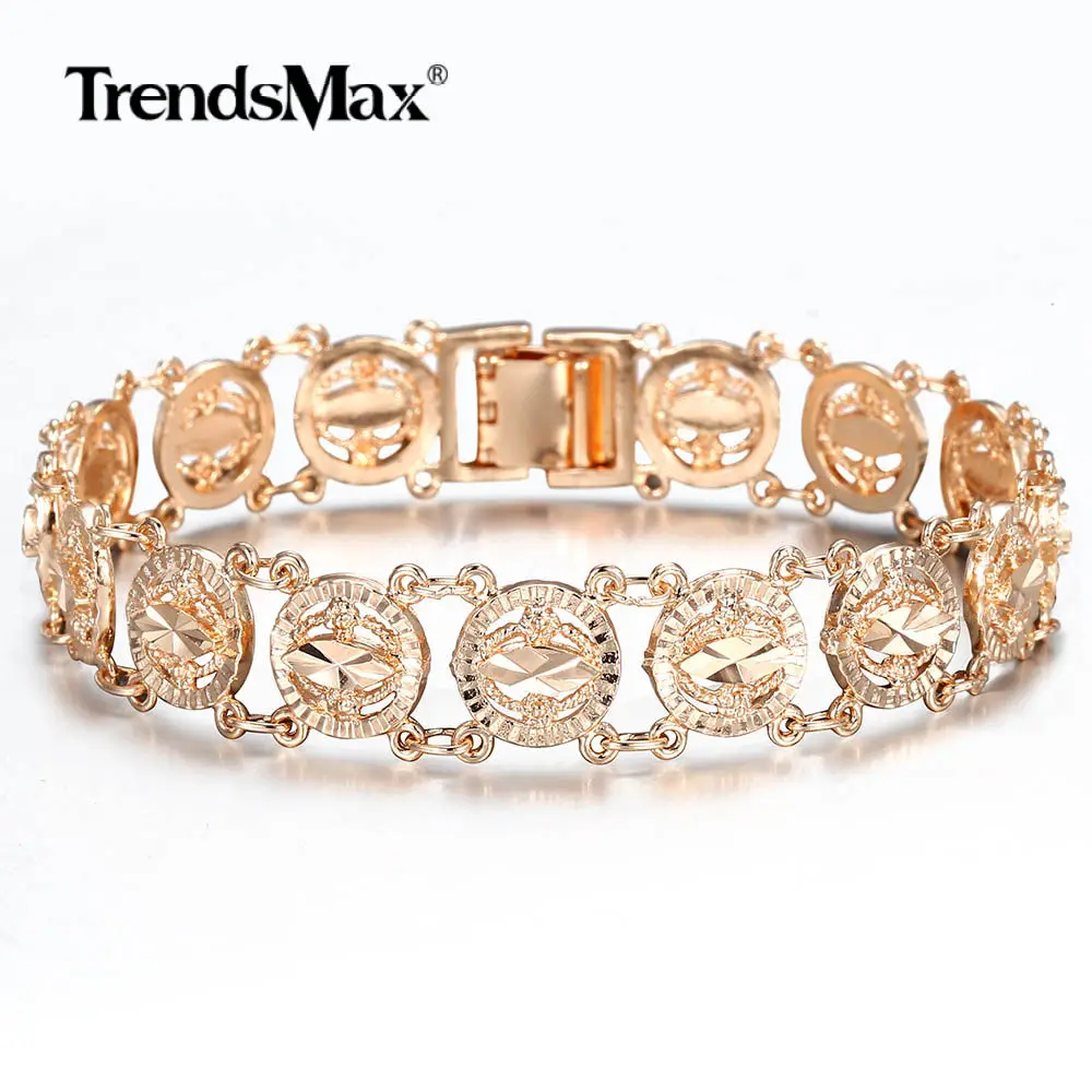 11mm Women Trendy 585 Rose Gold Color Bracelet Bangle Flower Oval Cut Out Carved Wristband 20cm Female Jewelry CB35