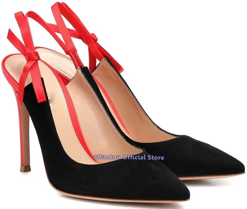 Retro Slingback Pumps With Feminine Ankle Red Bow Straps Stiletto Heeled Pointed Toe Ladies Dress Shoes Designer High Heel Shoes