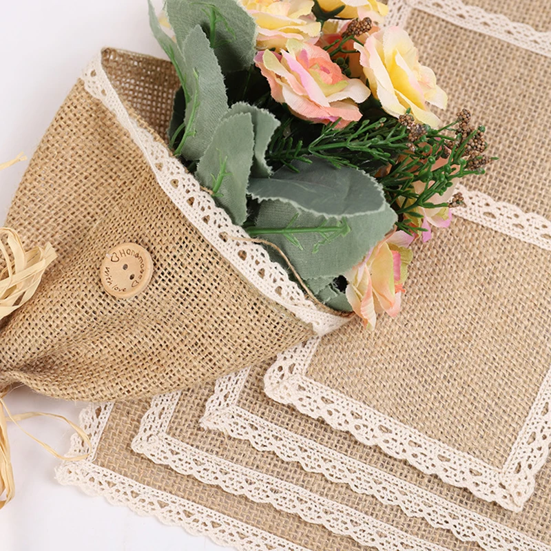 1pcs Burlap Table Mats Lace Placemats Sets Nature Jute Woven Tableware Mats Wedding Party Supply for Coffee Tea Pads Home Decor