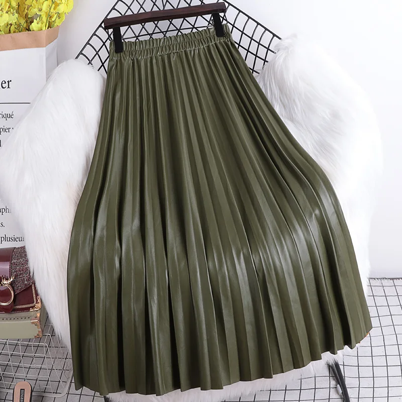 2024 Autumn Winter New Elastic High Waist Slim Simple Solid Color Pu Leather Skirt Casual Loose Women Long Skirt Free Shipping