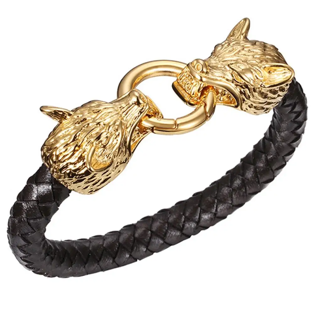 Trendy Leather Bracelet Stainless Steel Wolf Head Clasp Genuine Leather Braided Wristband Bracelet Bangle Jewelry 22cm