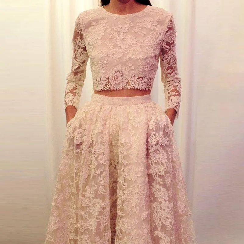 Boho vestido de duas peças manga longa colher até o chão marfim nupcial entrega rápida rendas vestidos novia vestidos de casamento sob medida