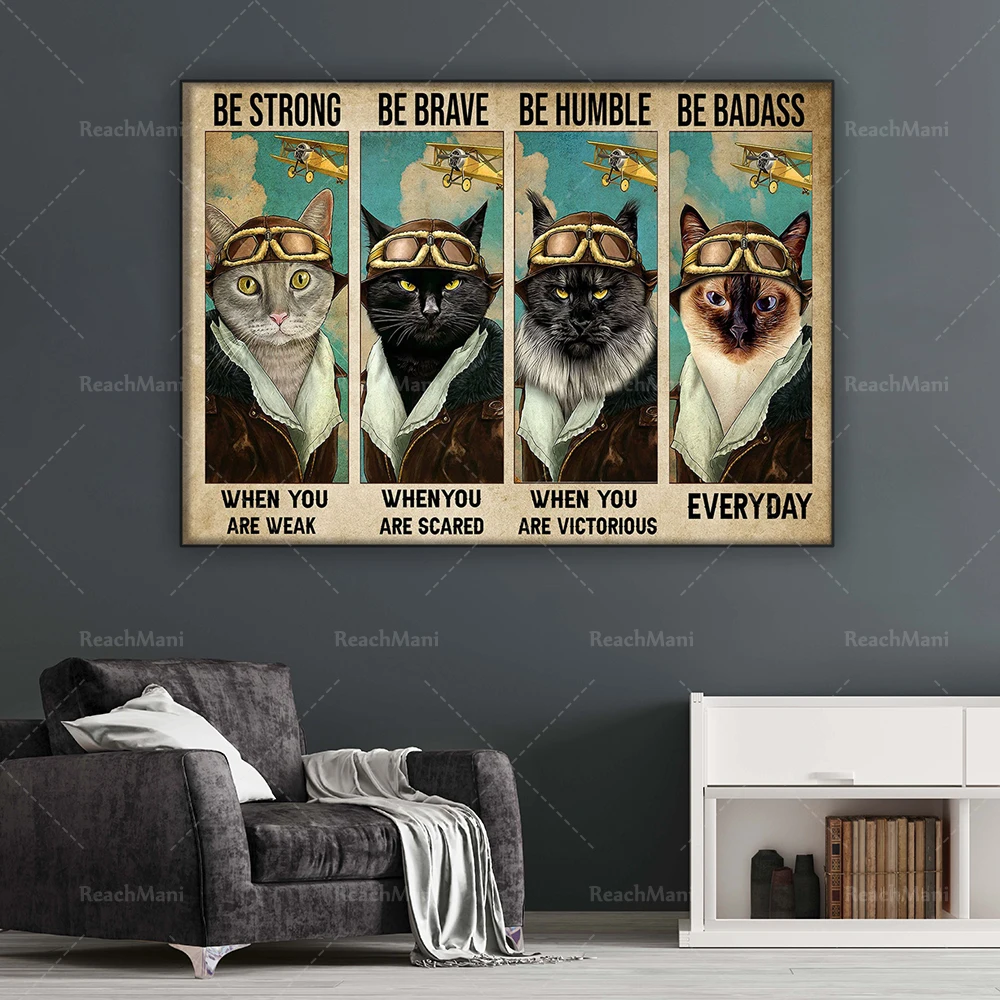 Skydiving Pilot Aviator Flyer Black Cat Poster Be Strong When You're Weak Home Poster Living Decor Poster