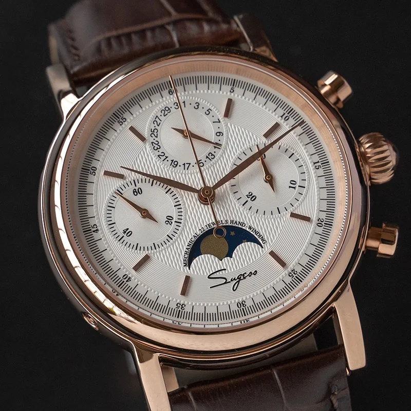 Sugess Chronograph ST1908 Movement Vintage Leather Watch Hand Winding Mechanical 59 Wheels Genuine Moonphase Calendar