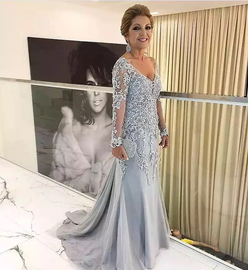 Blue Silver Mother Bride Dresses Long Sleeves 2024 V Neck Floral Godmother Elegant Wedding Party Guest Evening Gowns New