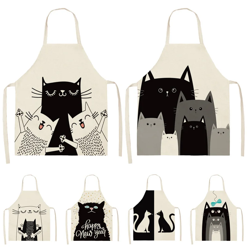 1Pcs Black Cat Pattern Cleaning Colorful Aprons Home Cooking Kitchen Apron Cook Wear Cotton Linen Adult Bibs Delantales Tablier