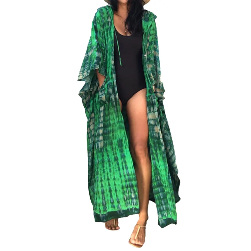 New Arrival Women Beach Dress Smock Hooded Ankle Long Ceck Pattern Sunscreen Smock for Swimming Pool Cover-Ups Bikini Wear