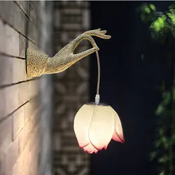 Lámpara de pared de loto chino moderno, Arte Creativo, pasillo, pasillo, manos izquierda y derecha, decoración de sujetador, luz de pared de patio de casa de té
