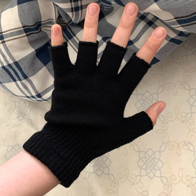 Gants sans doigts demi-doigts noirs unisexes pour femmes et hommes, gants de poignet en tricot de laine, gants de travail chauds en coton pour