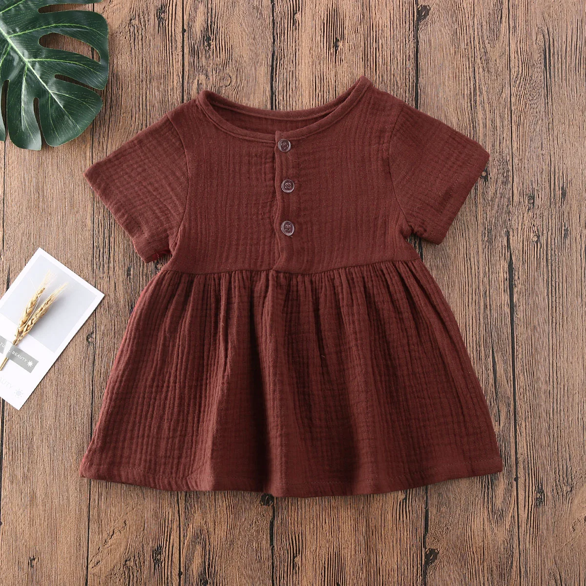 6 Months-3 Years Old Toddler Girl Summer Dress Solid Color Short-Sleeved Button Cotton Linen Comfortable Cute A-Line Mini Dress