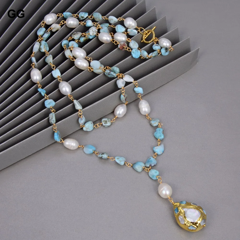 GuaiGuai Jewelry Blue Larimars White Rice Freshwater Pearl Statement Necklace Larimar CZ Beads Pendant Necklace 21