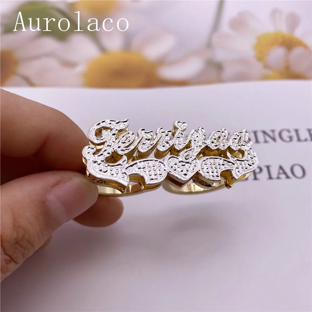 Imagem -02 - Aurolaco Anel de Dedo Duplo Esculpido Personalizado Nome Anel Inicial 18k Aliança Banhada a Ouro para Mulheres Presentes