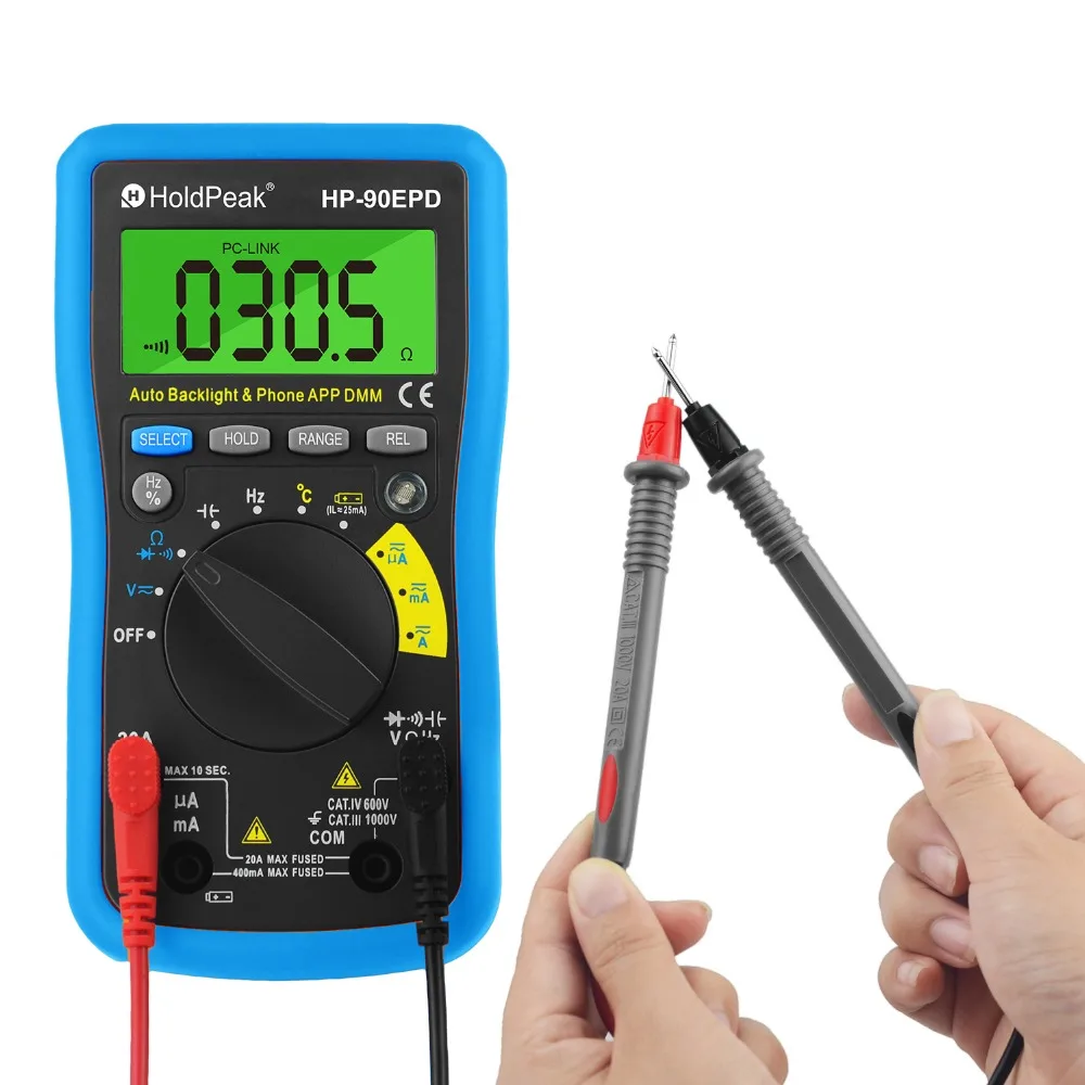 Mobile APP Auto range multimeter true rms AC DC Voltage Current ResistanceCapacitance Frequency Back light,HoldPeak HP-90EPD