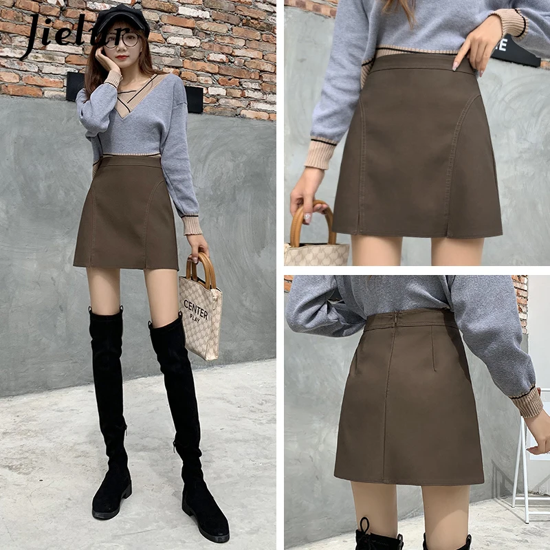 Jielur Casual Korean Style Khaki Mini spódniczka A-line Lady Office beżowa spódnica 2021 jesienno-zimowa urocza czarna spódnica z zamkiem błyskawicznym S-XL