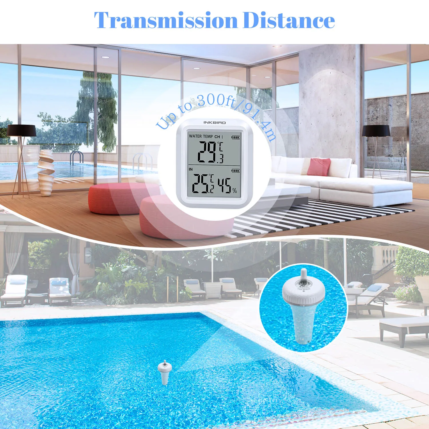 INKBIRD High Accuracy Wireless Pool Thermometer IBS-P01R IPX7 Waterproof Indoor & Outdoor Temperature Monitor for Swimming Pool