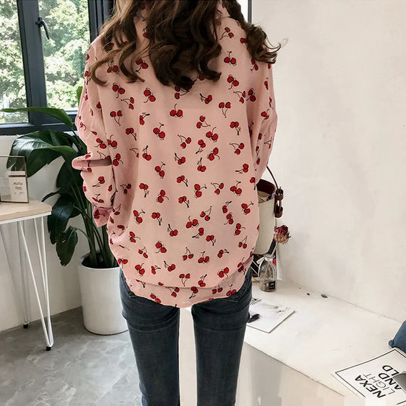 Long Sleeve Shirts Women New Spring Tunic Fashion Streetwear Cherry-print Ins Loose Mujer Vintage Pockets Korean Style College