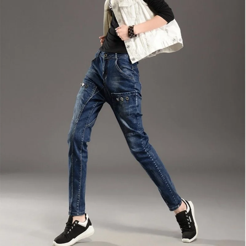 

New Spring Women Personality Jeans Harem Pants Slim Fit Long Trousers Casual Streetwear Hip Hop Button Denim Pants Big Size