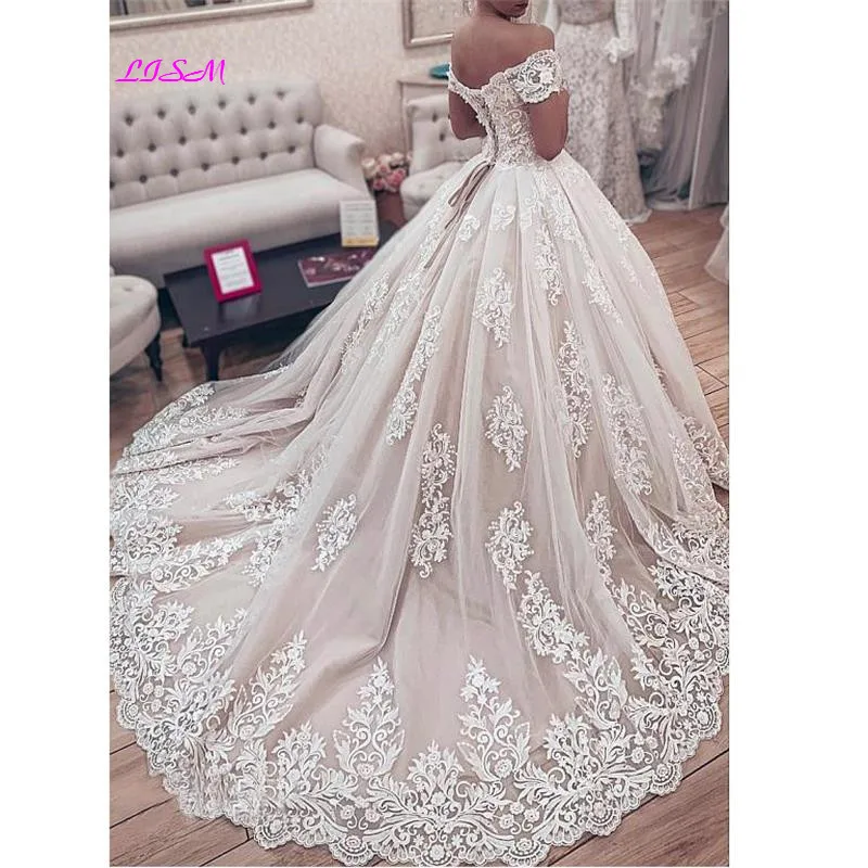 Muslim Lace Ball Gown Wedding Dresses 2021 Gorgeous Sweetheart Off the Shoulder Appliques Bridal Dress Long Wedding Party Gowns