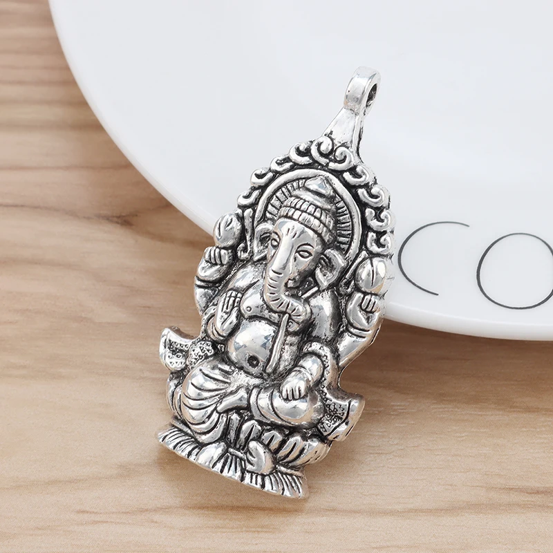 2 Pieces Tibetan Silver Large Ganesha Elephant God of Beginnings Charms Pendants for Necklace Jewellery Making 62x32mm