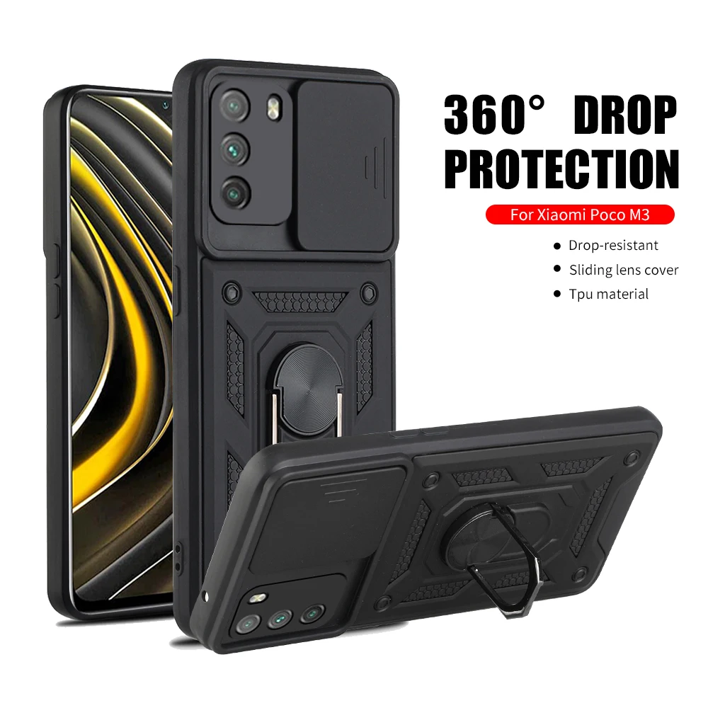 Camera Slide Window Cover Case For Xiaomi Poco M3 Pro Armor Shell For PocoM3 M 3 Pro 5G 3M Poxo M3 Pro Magnetic Stand Ring Coque