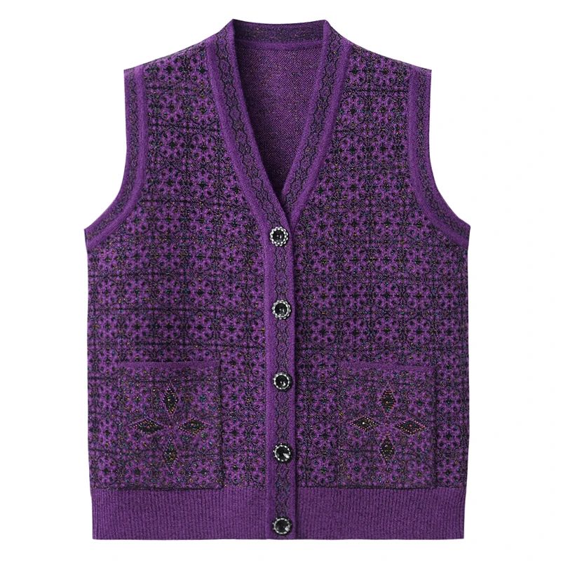 Middle-aged and Elderly Women\'s Sweater Vest Waistcoat Spring Autumn Sleeveless Coat Cardigan Knit Short Sweater Vest 4XL K1103