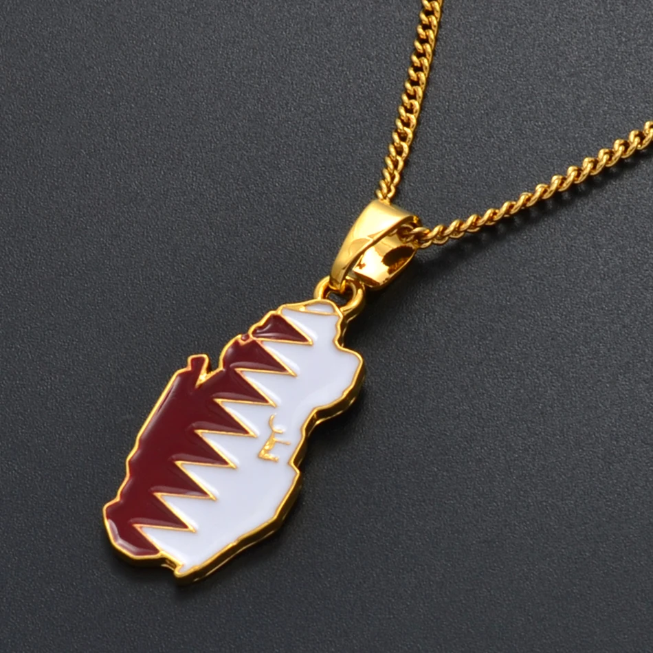 Anniyo Qatar Map and Flag Pendant Necklaces for Women Men Gold Color Qatari Jewelry Patriotic  #122406