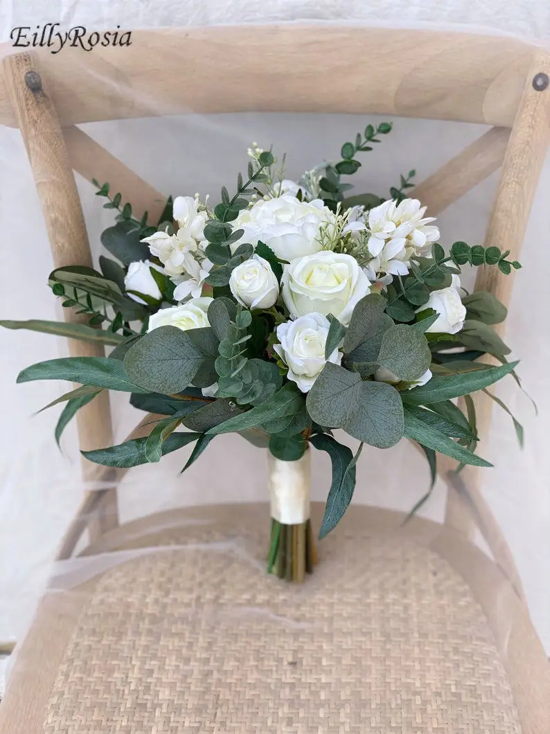 

Romantic Green White Bridal Bouquet Artificial Handmade Roses Eucalyptus Wedding Flowers for Bride ramos de novia bridesmaid
